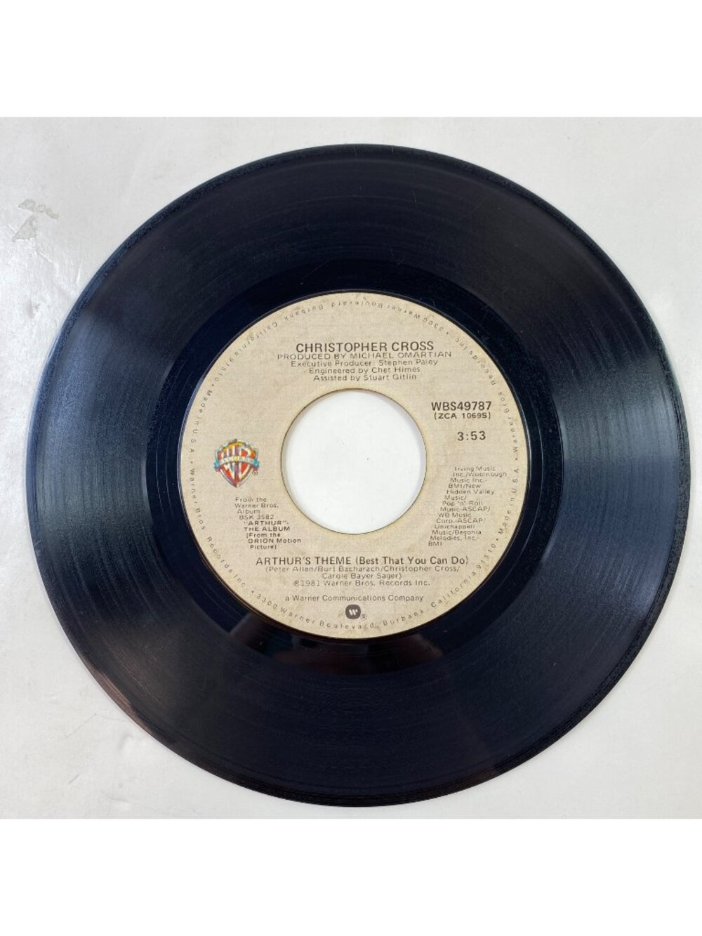 Vintage 45 RPM Vinyl Record Christopher Cross Arthurs Theme/Minstrel Gigolo 1981